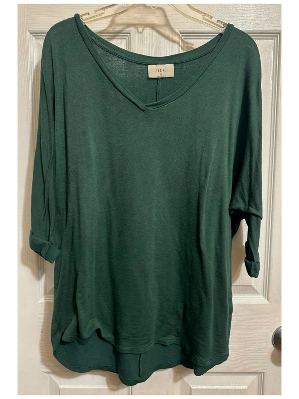 IVOIRE Women's Top Shirt Blouse Long Sleeve V Neck Dark Green Size L